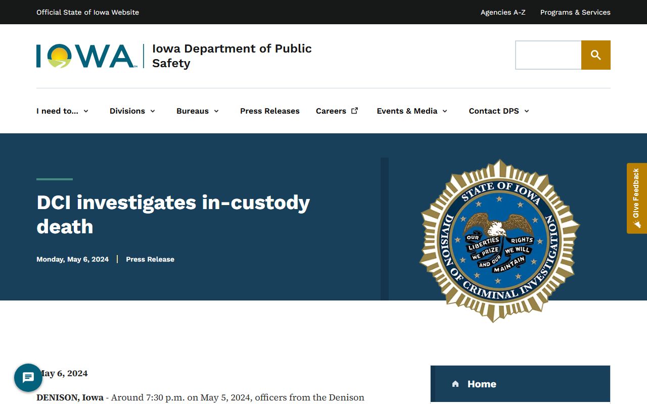 Crawford County inmate population DCI custody death investigation record